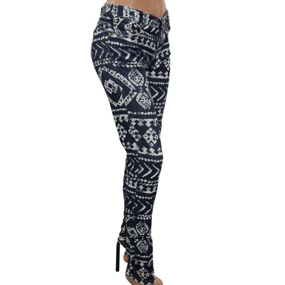 STUDIO F Printed Navy Blue & White Aztec Print Skinny Jeans 8 - Picture 3 of 8